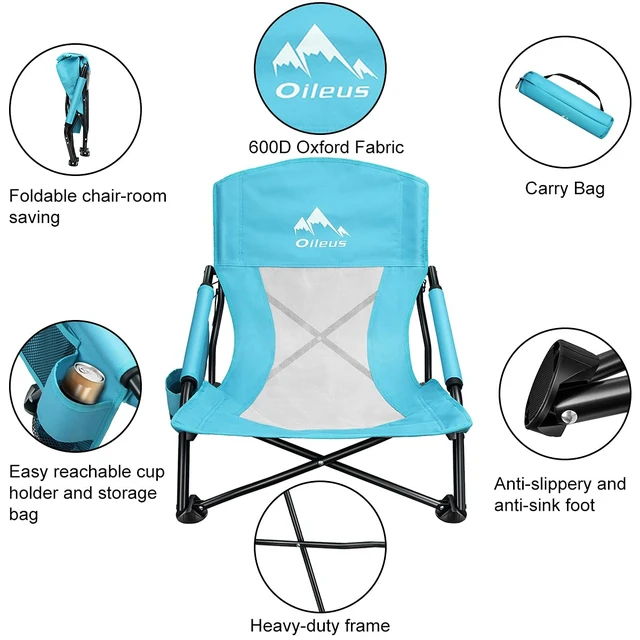 Alt view image 3 of 7 - Low Beach Chair for Beach Tent/Shelter/Camping/Outdoor Ultralight Backpacking Folding Recliner Chairs with Cup Holder/Storage Bag, Carry Bag, Breeze Mesh Back, Compact Duty 2 Pcs