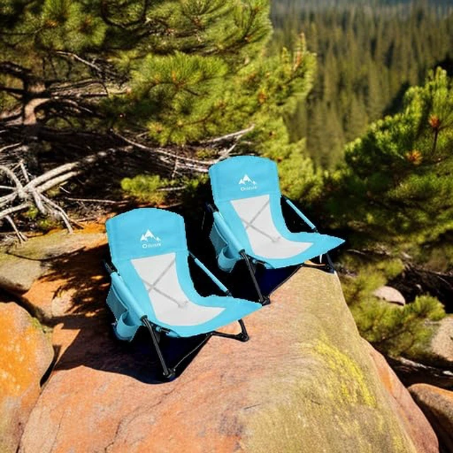 Alt view image 5 of 7 - Low Beach Chair for Beach Tent/Shelter/Camping/Outdoor Ultralight Backpacking Folding Recliner Chairs with Cup Holder/Storage Bag, Carry Bag, Breeze Mesh Back, Compact Duty 2 Pcs