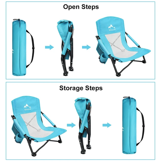 Alt view image 6 of 7 - Low Beach Chair for Beach Tent/Shelter/Camping/Outdoor Ultralight Backpacking Folding Recliner Chairs with Cup Holder/Storage Bag, Carry Bag, Breeze Mesh Back, Compact Duty 2 Pcs