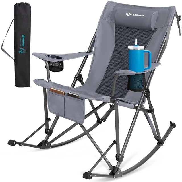 Main image of Rocking Camping Chair for adults, 440Lbs Lawn Chairs for Outdoor | Oversized Folding chair for Outside with Pillows, Wide Armrest, 2 Cup Holders, Carry Bag for Patio Garden (Grey)