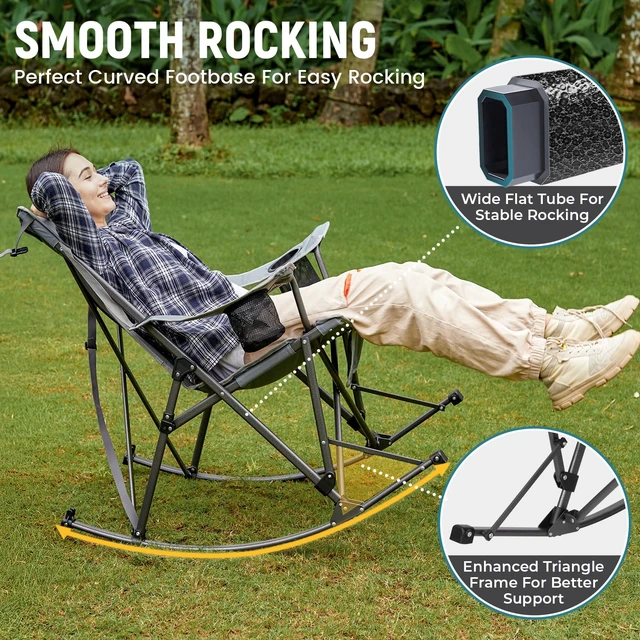 Alt view image 3 of 6 - Rocking Camping Chair for adults, 440Lbs Lawn Chairs for Outdoor | Oversized Folding chair for Outside with Pillows, Wide Armrest, 2 Cup Holders, Carry Bag for Patio Garden (Grey)