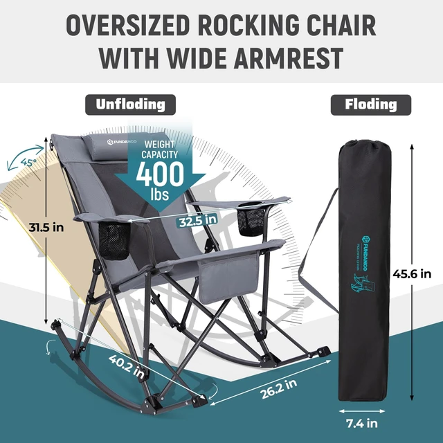 Alt view image 2 of 6 - Rocking Camping Chair for adults, 440Lbs Lawn Chairs for Outdoor | Oversized Folding chair for Outside with Pillows, Wide Armrest, 2 Cup Holders, Carry Bag for Patio Garden (Grey)