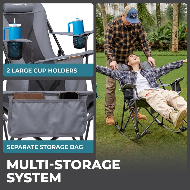 Alt view image 5 of 6 - Rocking Camping Chair for adults, 440Lbs Lawn Chairs for Outdoor | Oversized Folding chair for Outside with Pillows, Wide Armrest, 2 Cup Holders, Carry Bag for Patio Garden (Grey)