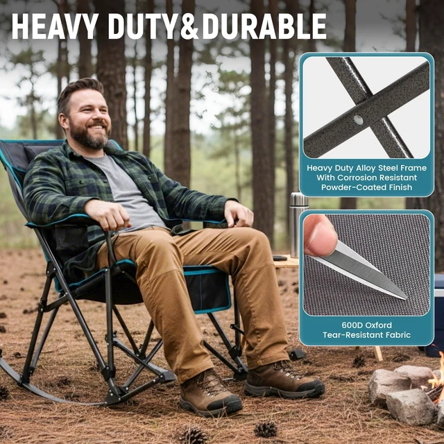 Alt view image 6 of 6 - Rocking Camping Chair for adults, 440Lbs Lawn Chairs for Outdoor | Oversized Folding chair for Outside with Pillows, Wide Armrest, 2 Cup Holders, Carry Bag for Patio Garden (Grey)