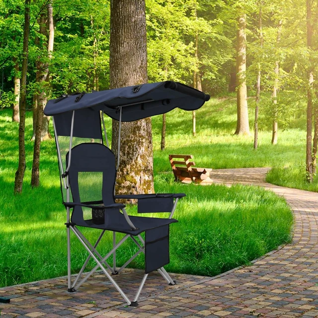 Alt view image 2 of 7 - Camping Chair with Canopy Shade Portable Folding Beach Chairs with Cooler, Mesh Backrest, Cup Holder, and Pocket for Camping, Fishing, Beach, and Sports,Blue