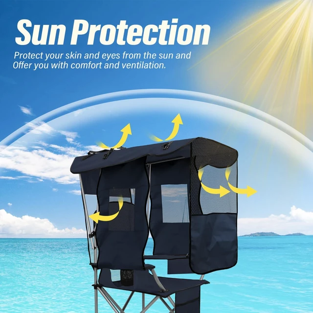 Alt view image 3 of 7 - Camping Chair with Canopy Shade Portable Folding Beach Chairs with Cooler, Mesh Backrest, Cup Holder, and Pocket for Camping, Fishing, Beach, and Sports,Blue