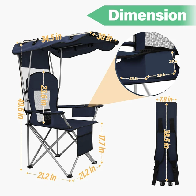 Alt view image 4 of 7 - Camping Chair with Canopy Shade Portable Folding Beach Chairs with Cooler, Mesh Backrest, Cup Holder, and Pocket for Camping, Fishing, Beach, and Sports,Blue