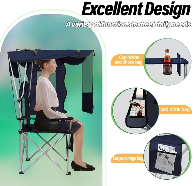 Alt view image 5 of 7 - Camping Chair with Canopy Shade Portable Folding Beach Chairs with Cooler, Mesh Backrest, Cup Holder, and Pocket for Camping, Fishing, Beach, and Sports,Blue