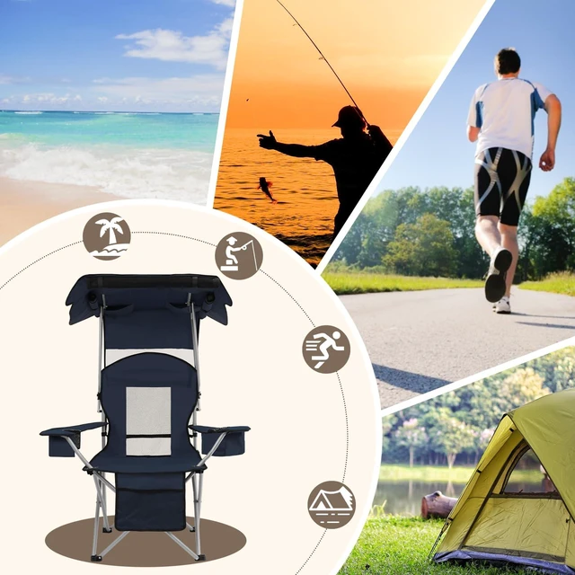Alt view image 7 of 7 - Camping Chair with Canopy Shade Portable Folding Beach Chairs with Cooler, Mesh Backrest, Cup Holder, and Pocket for Camping, Fishing, Beach, and Sports,Blue