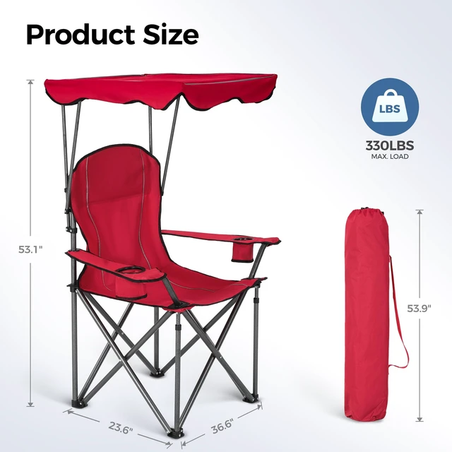 Alt view image 2 of 7 - Heavy Duty Canopy Camping Chairs with Adjustable Sunshade | Heavy duty 400 LBS, Steel Frame, Sturdy, Ergonomic,600D Oxford fabric ,Phone holder Cup holder,Carry Bag,Easy to set up