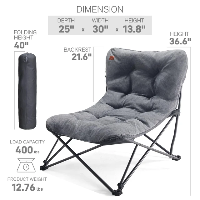 Alt view image 3 of 7 - Oversized Camping Moon Chair 400 LBS, 2.4" Thick Padded, Grey | Comfy Couch, Heavy Duty Camping Sofa Foldable, Outdoor Lounge Seat for Adults for Beach Camp Deck Picnic Fishing