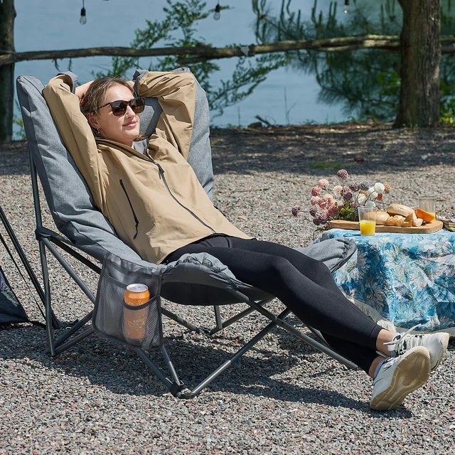 Alt view image 2 of 7 - Oversized Camping Moon Chair 400 LBS, 2.4" Thick Padded, Grey | Comfy Couch, Heavy Duty Camping Sofa Foldable, Outdoor Lounge Seat for Adults for Beach Camp Deck Picnic Fishing
