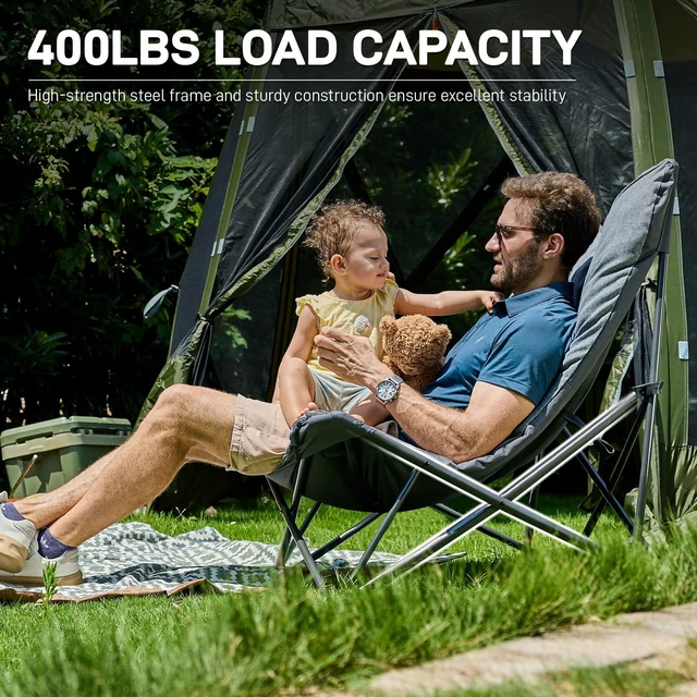 Alt view image 4 of 7 - Oversized Camping Moon Chair 400 LBS, 2.4" Thick Padded, Grey | Comfy Couch, Heavy Duty Camping Sofa Foldable, Outdoor Lounge Seat for Adults for Beach Camp Deck Picnic Fishing