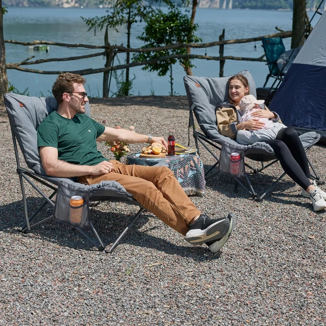 Alt view image 7 of 7 - Oversized Camping Moon Chair 400 LBS, 2.4" Thick Padded, Grey | Comfy Couch, Heavy Duty Camping Sofa Foldable, Outdoor Lounge Seat for Adults for Beach Camp Deck Picnic Fishing