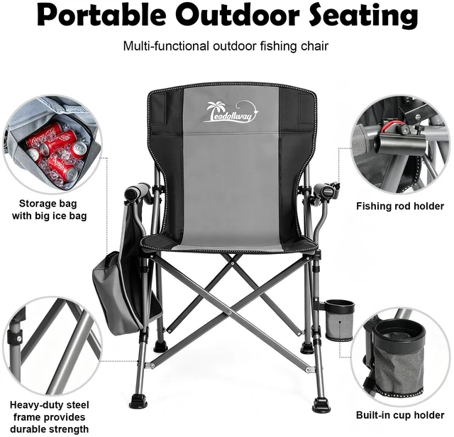 Alt view image 2 of 6 - Camping Chair Foldable Collapsible with 360°Adjustable Rod Holder&Cup Holder & Removable Storage Bag, 351 LBS Capacity,for Outdoor Camp, Picnic, Travel, Fishing