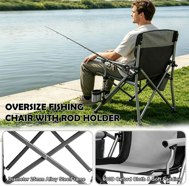 Alt view image 4 of 6 - Camping Chair Foldable Collapsible with 360°Adjustable Rod Holder&Cup Holder & Removable Storage Bag, 351 LBS Capacity,for Outdoor Camp, Picnic, Travel, Fishing