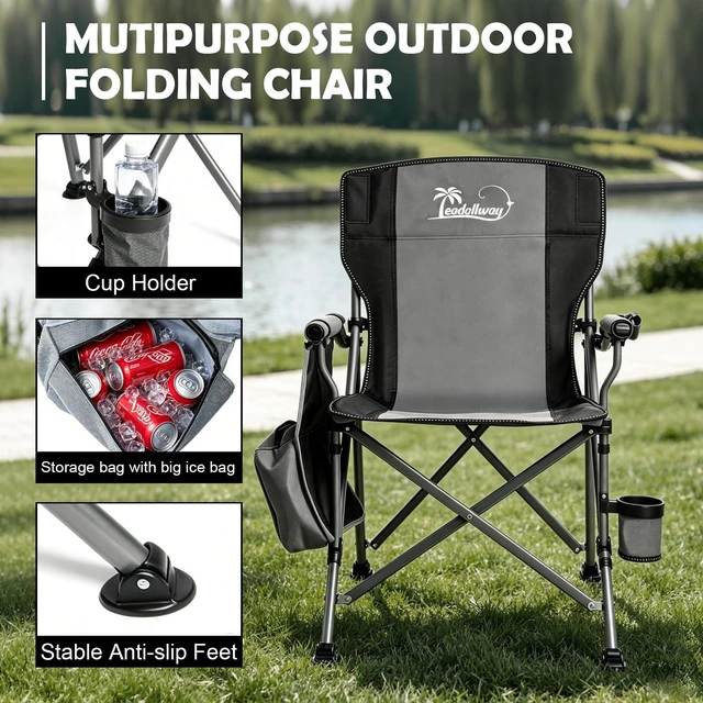Alt view image 5 of 6 - Camping Chair Foldable Collapsible with 360°Adjustable Rod Holder&Cup Holder & Removable Storage Bag, 351 LBS Capacity,for Outdoor Camp, Picnic, Travel, Fishing