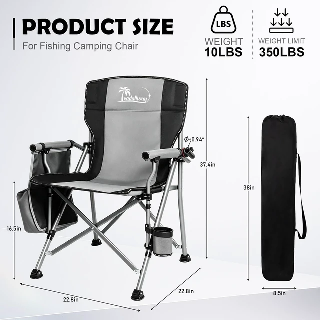 Alt view image 6 of 6 - Camping Chair Foldable Collapsible with 360°Adjustable Rod Holder&Cup Holder & Removable Storage Bag, 351 LBS Capacity,for Outdoor Camp, Picnic, Travel, Fishing