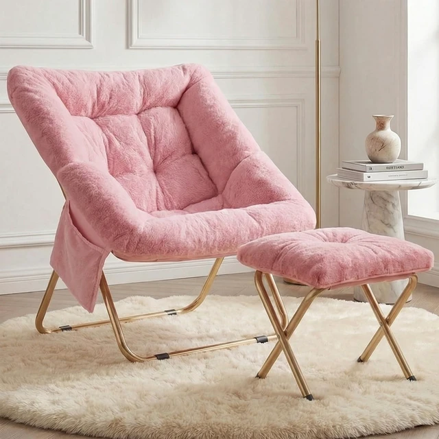 Main image of Comfy Saucer Chair for Adults, Foldable Living Room Chairs, Soft Faux Fur Lounge Chair for Bedroom, Reading Chairs, X-Large (Ottoman-Pink)