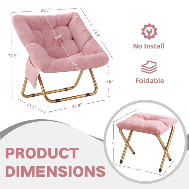 Alt view image 2 of 6 - Comfy Saucer Chair for Adults, Foldable Living Room Chairs, Soft Faux Fur Lounge Chair for Bedroom, Reading Chairs, X-Large (Ottoman-Pink)