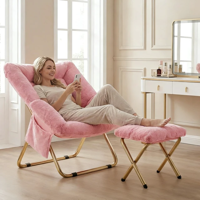 Alt view image 3 of 6 - Comfy Saucer Chair for Adults, Foldable Living Room Chairs, Soft Faux Fur Lounge Chair for Bedroom, Reading Chairs, X-Large (Ottoman-Pink)
