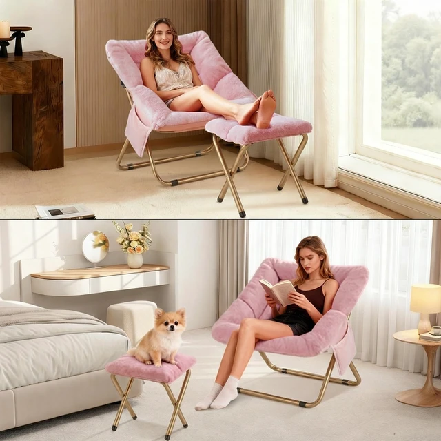 Alt view image 4 of 6 - Comfy Saucer Chair for Adults, Foldable Living Room Chairs, Soft Faux Fur Lounge Chair for Bedroom, Reading Chairs, X-Large (Ottoman-Pink)