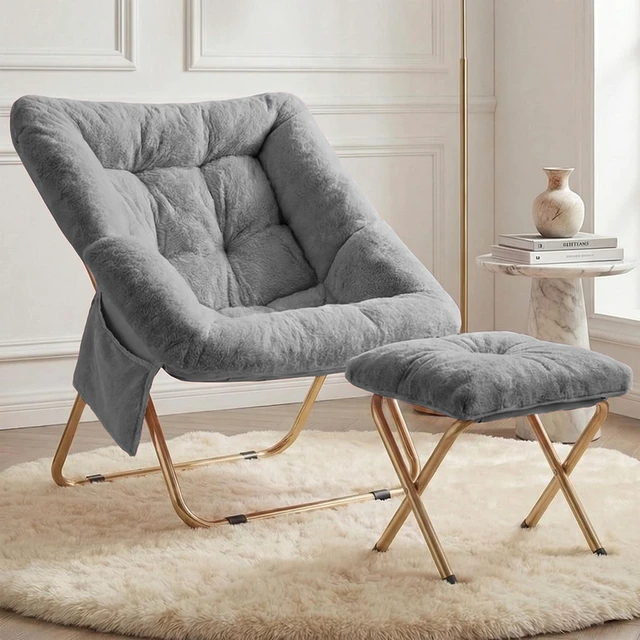 Main image of Comfy Saucer Chair for Adults, Foldable Living Room Chairs, Soft Faux Fur Lounge Chair for Bedroom, Reading Chairs, X-Large (Ottoman-Grey)