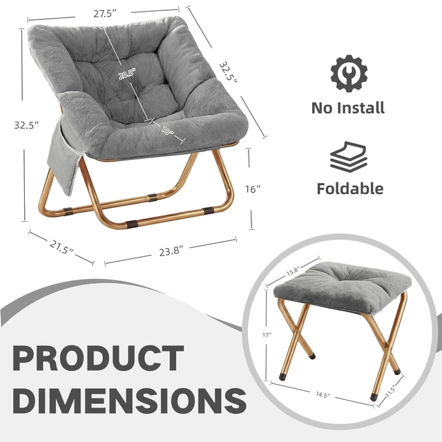 Alt view image 2 of 6 - Comfy Saucer Chair for Adults, Foldable Living Room Chairs, Soft Faux Fur Lounge Chair for Bedroom, Reading Chairs, X-Large (Ottoman-Grey)