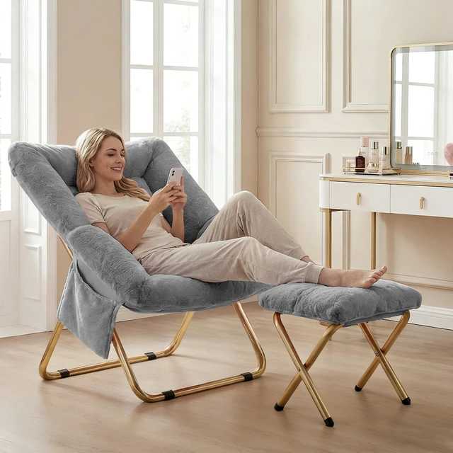 Alt view image 3 of 6 - Comfy Saucer Chair for Adults, Foldable Living Room Chairs, Soft Faux Fur Lounge Chair for Bedroom, Reading Chairs, X-Large (Ottoman-Grey)