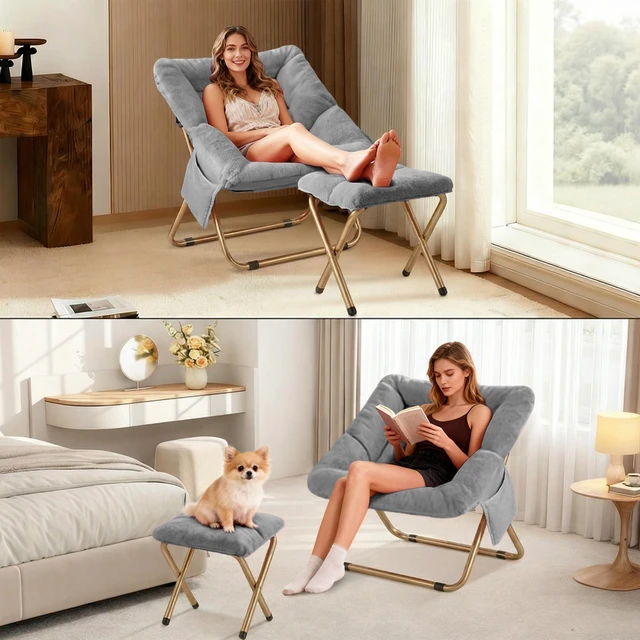 Alt view image 4 of 6 - Comfy Saucer Chair for Adults, Foldable Living Room Chairs, Soft Faux Fur Lounge Chair for Bedroom, Reading Chairs, X-Large (Ottoman-Grey)