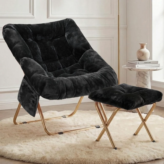 Main image of Comfy Saucer Chair for Adults, Foldable Living Room Chairs, Soft Faux Fur Lounge Chair for Bedroom, Reading Chairs, X-Large (Ottoman-Black)