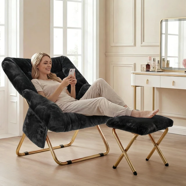 Alt view image 3 of 6 - Comfy Saucer Chair for Adults, Foldable Living Room Chairs, Soft Faux Fur Lounge Chair for Bedroom, Reading Chairs, X-Large (Ottoman-Black)