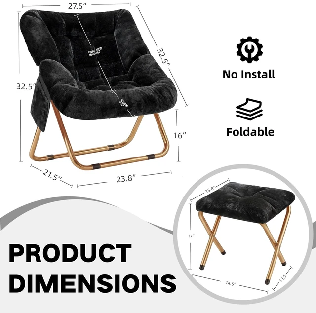 Alt view image 2 of 6 - Comfy Saucer Chair for Adults, Foldable Living Room Chairs, Soft Faux Fur Lounge Chair for Bedroom, Reading Chairs, X-Large (Ottoman-Black)