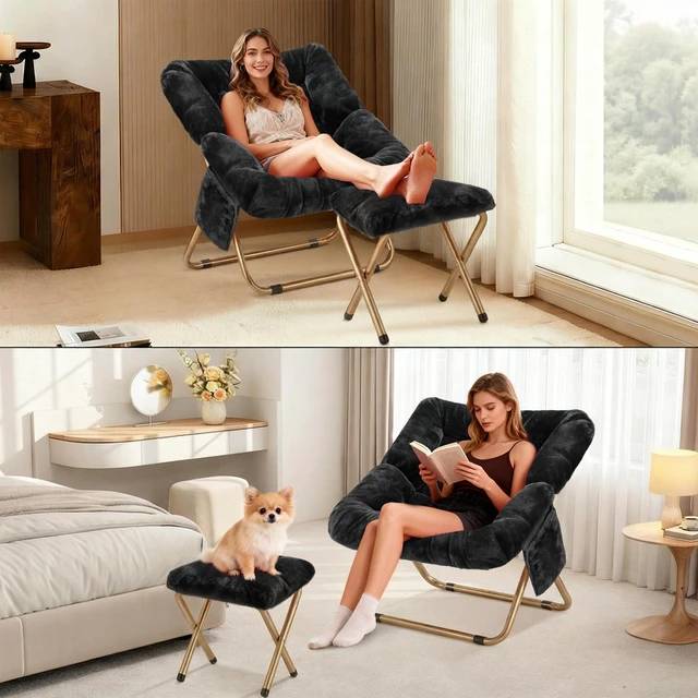 Alt view image 4 of 6 - Comfy Saucer Chair for Adults, Foldable Living Room Chairs, Soft Faux Fur Lounge Chair for Bedroom, Reading Chairs, X-Large (Ottoman-Black)