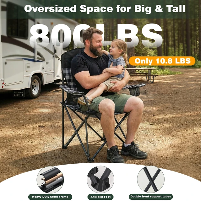 Alt view image 4 of 7 - XXL Oversized Camping Chair 800 lbs for Big Tall Adults, Red | Portable Folding 27" Wide Padded Seat with Steel Frame 600D Oxford, Cup Holders & Carry Bag for Outdoor, Travel, Camp, Sports