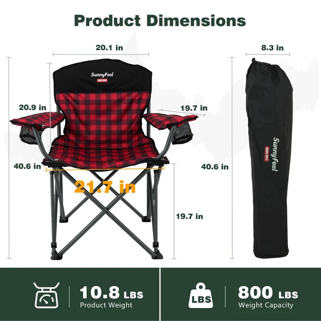 Alt view image 3 of 7 - XXL Oversized Camping Chair 800 lbs for Big Tall Adults, Red | Portable Folding 27" Wide Padded Seat with Steel Frame 600D Oxford, Cup Holders & Carry Bag for Outdoor, Travel, Camp, Sports