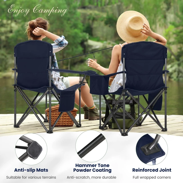 Alt view image 3 of 7 - 2 Pack Oversized Lawn Folding Camping Chair for Adults Support 450 LBS Blue | Heavy Duty Foldable Portable Camp Chairs, Folding Chairs for Outside with Cup Holder and Cooler Bag for Camp, Travel