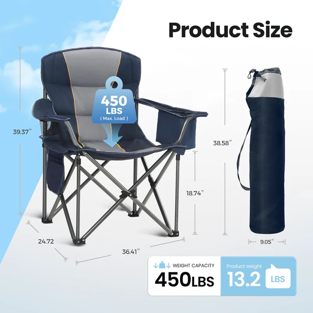 Alt view image 7 of 7 - 2 Pack Oversized Lawn Folding Camping Chair for Adults Support 450 LBS Blue | Heavy Duty Foldable Portable Camp Chairs, Folding Chairs for Outside with Cup Holder and Cooler Bag for Camp, Travel