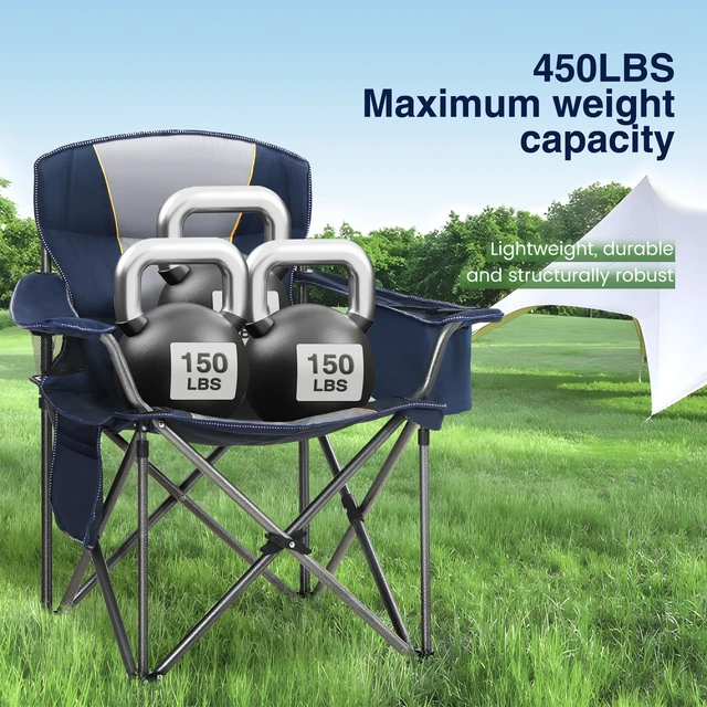 Alt view image 5 of 7 - 2 Pack Oversized Lawn Folding Camping Chair for Adults Support 450 LBS Blue | Heavy Duty Foldable Portable Camp Chairs, Folding Chairs for Outside with Cup Holder and Cooler Bag for Camp, Travel