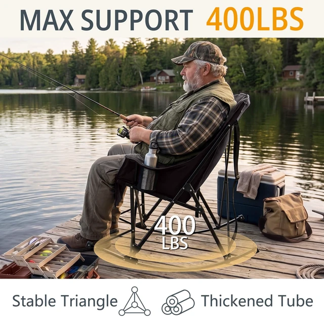 Alt view image 2 of 7 - 400lbs Rocking Camping Chair Oversized Folding Rocker for Adults | High Back Padded Rocking Camp Chair with Cup Holders, Side Pockets & Carry Bag, Outdoor Comfort for Lawn, Sports & Camping