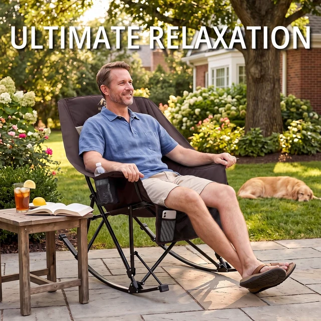 Alt view image 6 of 7 - 400lbs Rocking Camping Chair Oversized Folding Rocker for Adults | High Back Padded Rocking Camp Chair with Cup Holders, Side Pockets & Carry Bag, Outdoor Comfort for Lawn, Sports & Camping