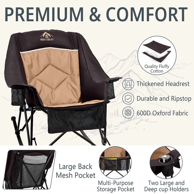Alt view image 5 of 7 - 400lbs Rocking Camping Chair Oversized Folding Rocker for Adults | High Back Padded Rocking Camp Chair with Cup Holders, Side Pockets & Carry Bag, Outdoor Comfort for Lawn, Sports & Camping