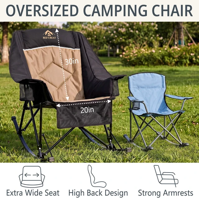 Alt view image 3 of 7 - 400lbs Rocking Camping Chair Oversized Folding Rocker for Adults | High Back Padded Rocking Camp Chair with Cup Holders, Side Pockets & Carry Bag, Outdoor Comfort for Lawn, Sports & Camping