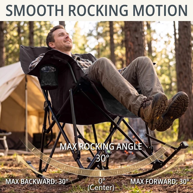 Alt view image 4 of 7 - 400lbs Rocking Camping Chair Oversized Folding Rocker for Adults | High Back Padded Rocking Camp Chair with Cup Holders, Side Pockets & Carry Bag, Outdoor Comfort for Lawn, Sports & Camping