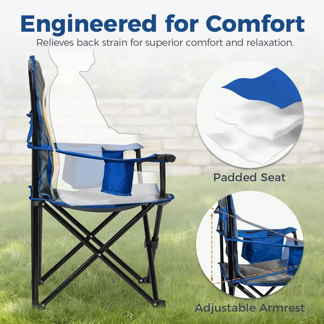 Alt view image 3 of 7 - Oversized Padded Camping Chair, 450 lbs Capacity, Sapphire Blue | Diamond-Quilted Styling, Heavy Duty Steel Frame, Cup Holder with 6-Can Cooler, Carry Bag for Outdoor Camping, Beach, Hiking