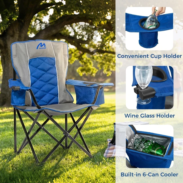 Alt view image 4 of 7 - Oversized Padded Camping Chair, 450 lbs Capacity, Sapphire Blue | Diamond-Quilted Styling, Heavy Duty Steel Frame, Cup Holder with 6-Can Cooler, Carry Bag for Outdoor Camping, Beach, Hiking