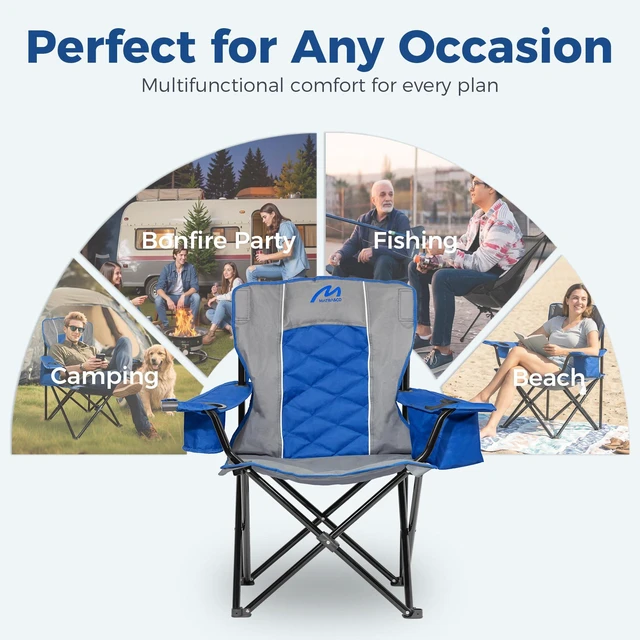 Alt view image 7 of 7 - Oversized Padded Camping Chair, 450 lbs Capacity, Sapphire Blue | Diamond-Quilted Styling, Heavy Duty Steel Frame, Cup Holder with 6-Can Cooler, Carry Bag for Outdoor Camping, Beach, Hiking