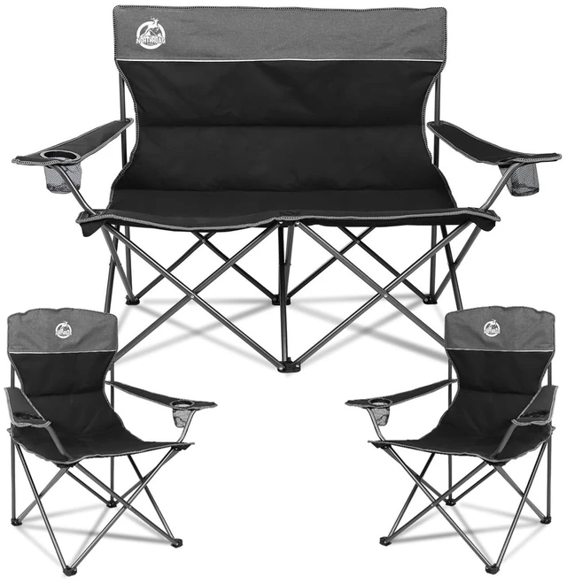 Main image of Outdoor Camping Chair Set of 3,Folding Padded Camp Chair w/1 Sofa,2 Single Chairs,Collapsible Conversation Set for Family Patio, Beach (Black)