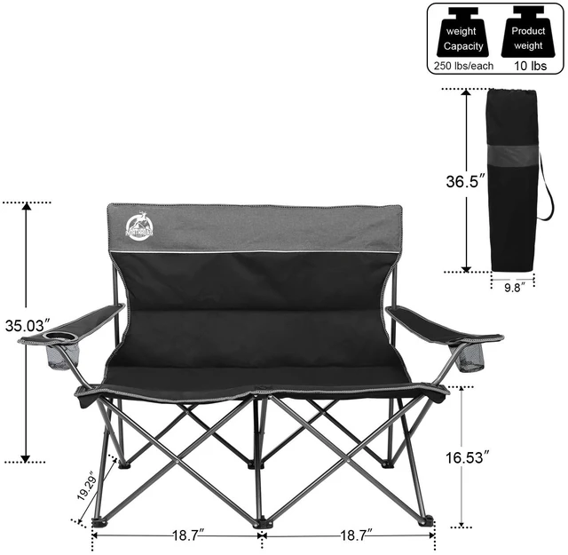 Alt view image 2 of 6 - Outdoor Camping Chair Set of 3,Folding Padded Camp Chair w/1 Sofa,2 Single Chairs,Collapsible Conversation Set for Family Patio, Beach (Black)