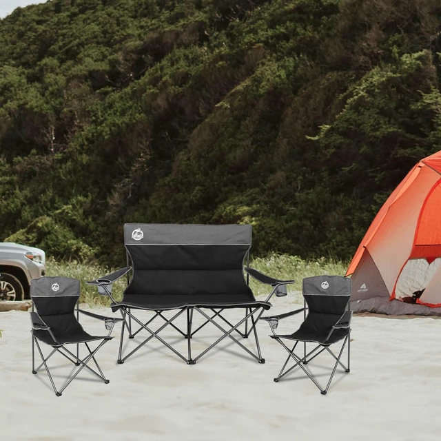 Alt view image 6 of 6 - Outdoor Camping Chair Set of 3,Folding Padded Camp Chair w/1 Sofa,2 Single Chairs,Collapsible Conversation Set for Family Patio, Beach (Black)